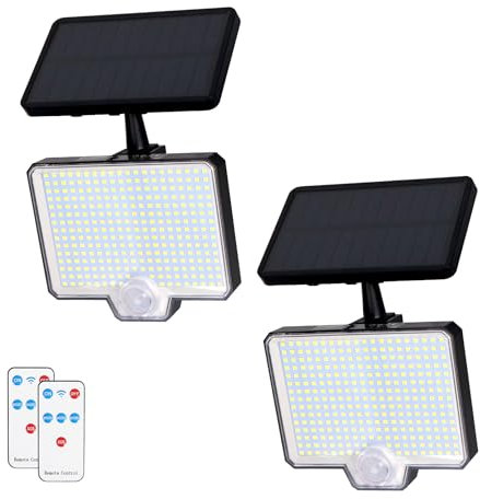 EXTRASTAR Lampe Solaire Exterieur Detecteur de Mouvement avec Télécommande, 6500K1800 mAh 3 Modes Étanche IP65 Éclairage Solaire Extérieur pour Jardin Garage Cour, Blanc Froid (Lot de 2)