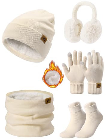 PASUDA Mützen Schal Handschuhe Damen Winter 5 Stücke Set Warme Fleece Gefütterte Beanie Wintermütze Halswärmer Touchscreen Handschuhe Plüsch Ohrenschützer Verdickte Socken Winterset (Beige, One Size)