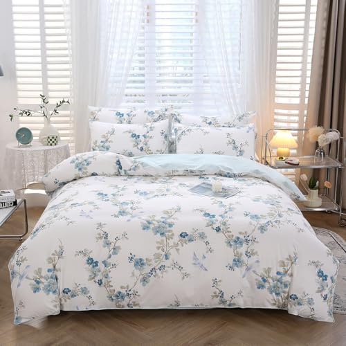 STYHO 3 Piece Blue Double Duvet Cover Sets Egyptian Cotton Ink Floral Bedding Sets for Girls Adults Ultra Soft Reversible Botanical Patterned Duvet Cover with Pillowcases(Blue Flower, Double)