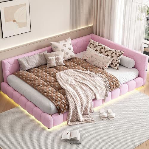 okwish Polsterbett 140x200cm Schlafsofa, Funktionsbett Jugendbett mit LED und USB-Anschluss, Daybett Gepolstertes Bettgestell mit Lattenrost, Tagesbett Kinderbett Bett-Sofa, Samt Rosa (ohne Matratze)
