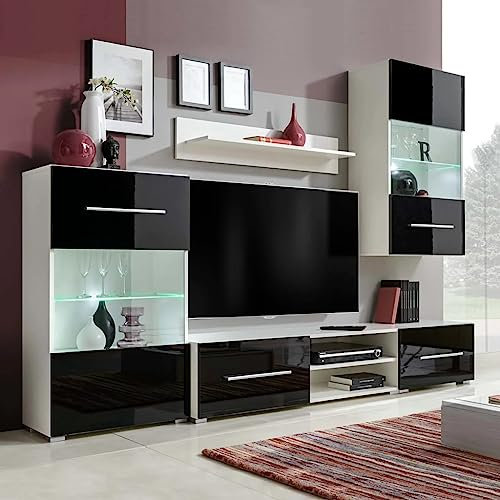 KOIECETA 5-TLG. Hochglanz Wohnwand Mediawand TV-Schrank mit LED-Beleuchtung Schwarz