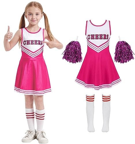 Cheerleader Kostüm Kinder Cheerleading Uniform Kleid Cheerleadering Outfit Mädchen mit Pompoms Socken Halloween Weihnachten Karneval Prinzessin Geburtstag Party Verkleidung Kinder，pink 160