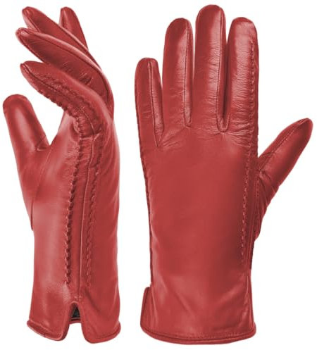 Harssidanzar Damen Winter Warmes Futter Lammfell Leder Handschuhe Touchscreen Texting Warme Fahrhandschuhe HL001EU,Rot,Größe L