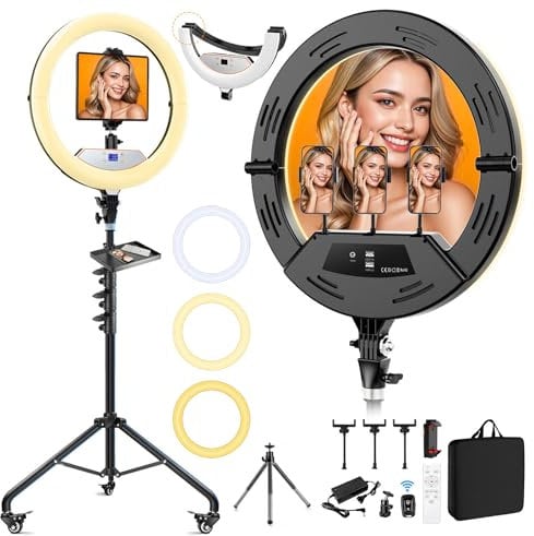 22 inch Ring Light with Tripod Stand, Foldable LED Ring Light with Wheel Tripod Stand Tray for Tattoo Lash Live Makeup Video Recording TikTok Barber Stylist Photography