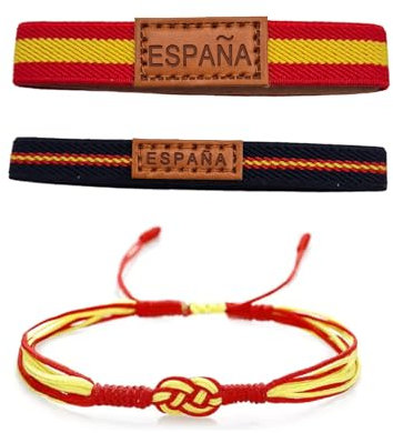 Pulsera España Hombre y Mujer-Pulsera Bandera de España-Pulsera elástica y pulsera amistad ajustable 18 a 23 cm- Pulseras de España de hilo-Pack 3 uds con bolsa de regalo-Regalos Amigos (ELASTICAS)