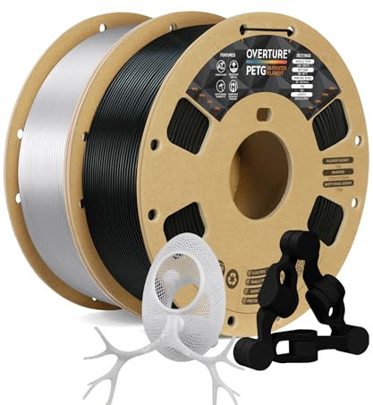 OVERTURE PETG Filamento 1.75 mm, Filamento de Impresora 3D, Filamento de 1 kg (2.2 lb), Precisión Dimensional 99% Probabilidad +/- 0.03 mm, la Mayoría de la Impresora FDM (36-Negro*1+Transparente*1)