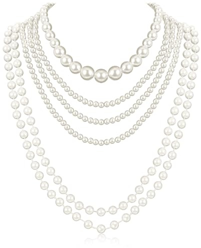 HJZHII 6 Stück Perlenkette Damen Fasching,Perlenketten Verkleidung Damen Kostüm Damen Elegant Perlenkette Lang Perlenschmuck 1920s Gatsby Accessoires Perle Halskette Modische Perlen Kette Elegante