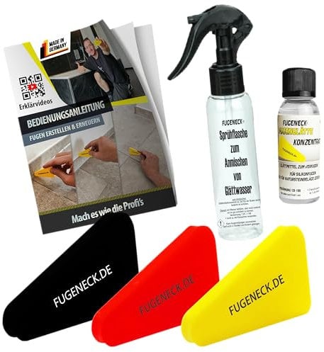 FUGENECK® - Das perfekte Fugenabzieher Set mit allem was du brauchst - einzigartiges Design mit speziellen Überkanten - Für Anfänger und Profis mit Anleitung (3x FUGENECK + Glättmittel + Sprühflasche)