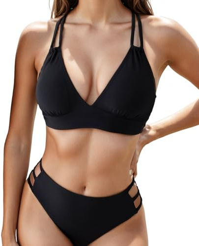 Wisebom Damen Bikini Set, V Ausschnitt Crossover Push up Bikini-Oberteil & High Waist Bikini-Unterteile, Sexy Zweiteiliger Badeanzug Swimsuit