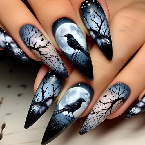24 Pieces Long Press On Nails Goth False Nails With Crow Branch Moon Designs Full Covers Acrylic Nails For Women