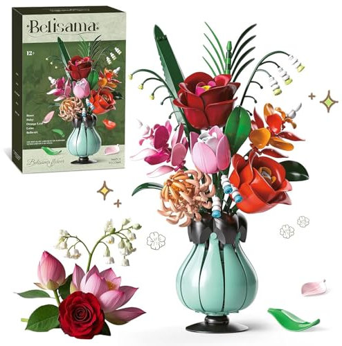 Astrevo Blumenstrauß Klemmbausteine Mit Vase, 566 Stück Blumenstrauß Bausatz, Botanische Sammlung für Home Office Decor, Rose Blumen Set Geschenks Spielzeug für Valentinstag Geburtstage Muttertag