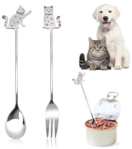 Pet Food Scoop and Fork Set 2 pcs, Easy Clean Cat Stainless Steel Forks and Spoon Small Cute Cat Treat Spoon Set for Can Wet Dog Food