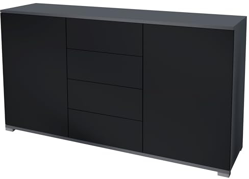 Vladon Sideboard Santo V1, Anrichte mit 2 Türen und 4 Schubladen, Anthrazit matt/Schwarz matt (138,5 x 75,5 x 35 cm)