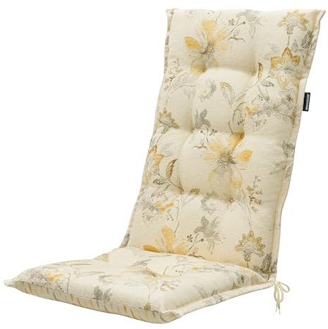Madison Hochlehnerauflage S 235, Gartenstuhlauflagen 120 x 50 x 8 cm, Polsterauflage UV-Lichtecht, Stuhlauflage geblümt in Hellen Farben mit gelb, Sitzauflage