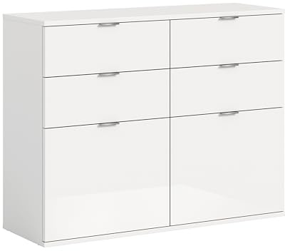furnling Kommode Professor, Sideboard, 2 Klappen, 4 Schubladen, Flurschrank, Wohnzimmerschrank, Hochglanz Front, melamin beschichtet, Breite 110 cm, weiß