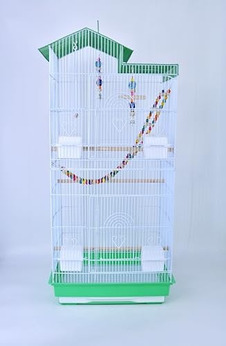 Pet's Solution - Gabbia per Uccellini con Giochi, Altalena e Scaletta, 4 Mangiatoie, 3 Posatoi, Vassoio Estraibile e Varie Aperture - Bianco Verde, 47,5x36x100h cm