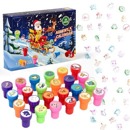 GOACRS Adventskalender Stempel, 24 Mini Runde Stempelset, Selbstfärbende Bunte Cartoon Anime Briefmarken, Weihnachtskalender Countdown Überraschungen Geschenke