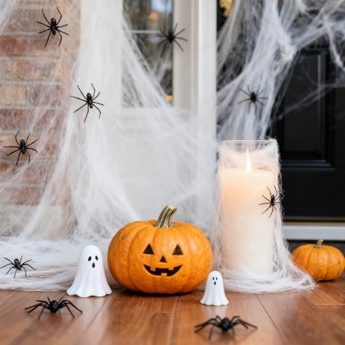 Rehecher Halloween Spinnennetz Deko – 200g Dehnbare Netze + 40 Realistische Künstliche Spinnen, Ideal für Halloween Deko Garten, Halloween Deko Outdoor & Innen, Perfekt für Spukhaus-Party​