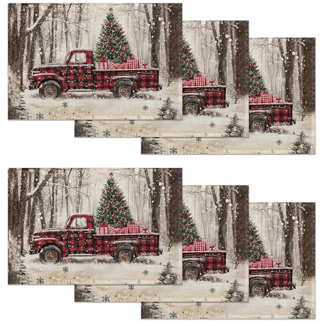 Vintage Truck Placemats Set of 6,Christmas Tree Placemats Washable Kitchen Dining Linen Table Mats Stain Heat-Resistant for Home Party Indoor 12x18 inch