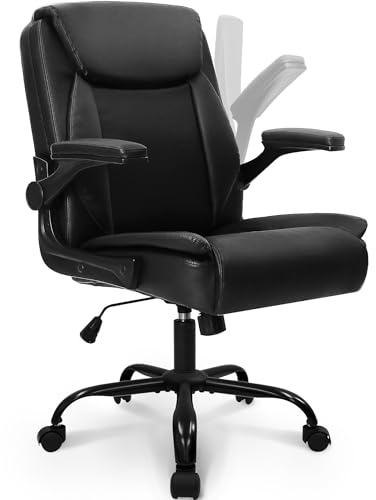 NEO CHAIR Desk Office Gaming Computer Chair Ergonomic Executive Mid-Back Leather with Adjustable Padded Flip-Up Armrests Cushion Wheels Swivel for Home Study Task (Black White)