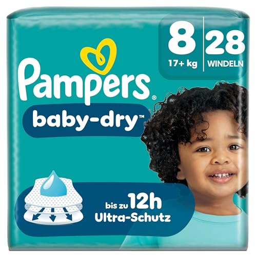 Pampers Baby-Dry Größe 8, 28 Windeln, 17kg+ | Bis zu 100% Auslaufschutz & Komfort die ganze Nacht