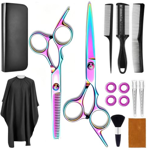 Haarschere Set, 15 Stücke Haarschneideschere, 6,7 Zoll Friseurschere Hohe Qualität 440C Delstahl Barber Set, mit Friseurumhang,für Damen, Herren, Kinder, Familien und Friseursalon (Farbenfroh)
