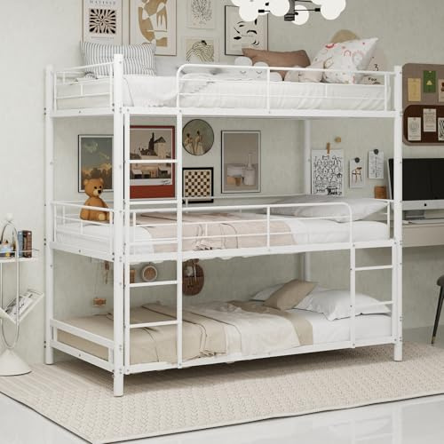 Jaxenor Metal Triple Bunk Bed for Kids with Ladder, (90x190cm), White | Silent Anti Slip Pad and Raised Guardrail, Space Saving Bed Frame for Small Rooms, Dormitory, Children's Room, No Mattress
