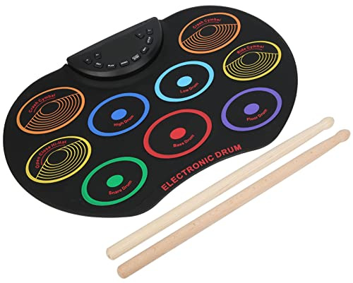Fafeicy 9 Bunte Drum-Pads, Elektronisches Schlagzeug Comdry Drum-Pad Tragbar, mit MP3-/Smartphone-/Tablet-Konnektivität, DC 5V-Netzteil Im Lieferumfang Enthalten, Silikon + Kunststoff für