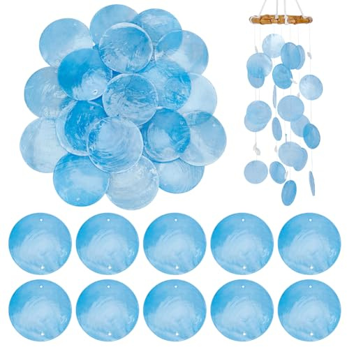 PH PandaHall 120pcs 5cm Coquilles de Capiz Bleues Coquilles Rondes avec 2 Trous Perles en Coquille de Capiz Charmes Connecteurs en Coquillage Naturel pour la Fabrication de Bijoux Artisanat