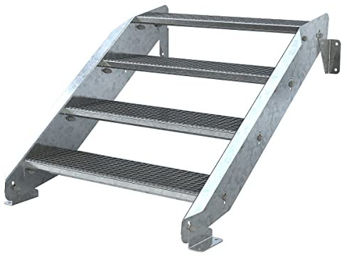 Außentreppe 4 Stufen 90 cm Laufbreite - ohne Geländer - Anstellhöhe variabel von 62 cm bis 84 cm - Gitterroststufe ST1 - feuerverzinkte Stahltreppe mit 900 mm Stufenlänge als montagefertiger Bausatz