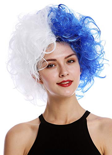 WIG ME UP - 91344-PC3+P60 Perücke Damen Herren Verrückt Wilde Locken Volumen Blau Weiß Hälften