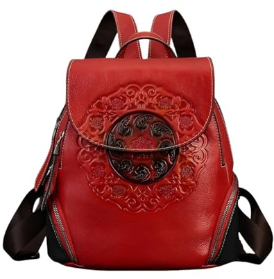 DokinReich Rucksack Damen City Rucksack Outdoor süßer Lederrucksack Vintage Echt Leder 3D Prägung (Rot)