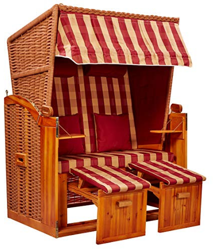 intergrill Strandschönheiten Sophia Ostsee Strandkorb | 2-Sitzer Vollholzfront inkl. Schutzhülle | Burgund Weiß 6-teilig | Balkon Terrasse Garten