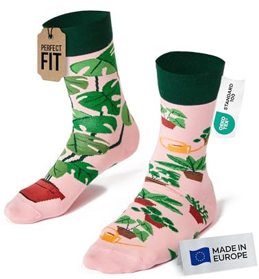 Many Mornings - Mismatched Socken - Lustige Socken Unisex - Socken Mit Grünpflanzen - Geschenkidee - Design: Plant Lover - Made in EU - 43-46