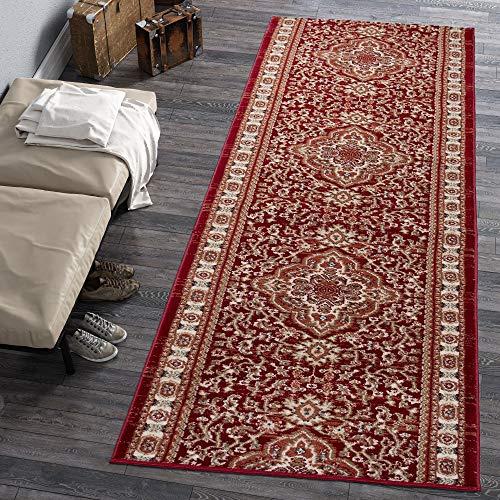 Carpeto Läufer Flur 120x100cm Rot Klassisch Traditionell Weich Pflegeleicht | Teppichläufer für Küche Waschküche Schlafzimmer Fußbodenheizungsgeeignet Reinigungsmittelbeständig Lang Verkauf pro Meter
