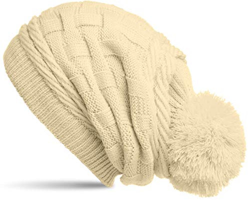 Caspar MU130 Damen Gefütterte Strick Long Beanie mit Zopfmuster und Wollbommel, Größe:One Size, Farbe:vanille
