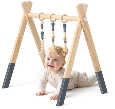 COSTWAY Baby Spielbogen Holz, Spieltrapez klappbar, Baby Gym mit 3 abnehmbaren Kinderspielzeugen, Spieltrapez für Babys über 3 Monate, Holzspielzeug zur Gehirnentwicklung (Grau)