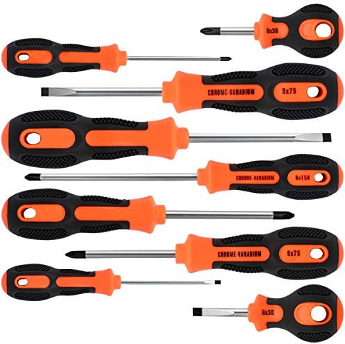 KALIM Magnetic Screwdriver Set, Premium Chrome Vanadium 9Pcs, 5 Phillips and 4 Flat Head Tips Professional Screwdriver with Non-Slip Rubber Handle for Fastening, Chiseling and Loosening Seized Screws