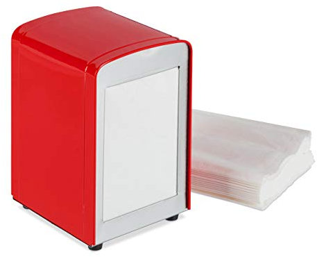 1 x Serviettenspender Retro, Metall, kleine Gastro Serviettenhalter für Eisdiele, Café, Bistro, HBT: 15 x 9,5 x 11, rot