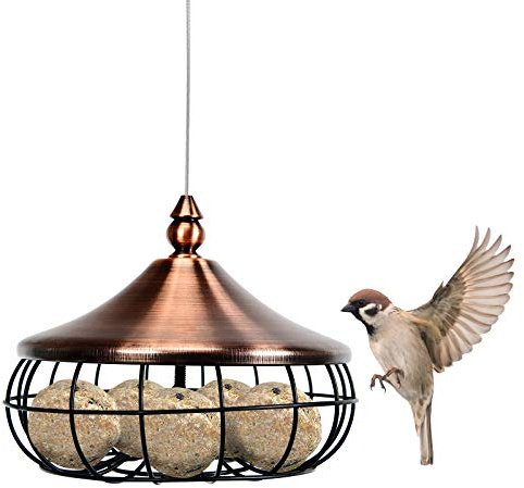 COSTWAY Mangeoire pour Oiseaux avec Grille en Fer | Distributeur de Nourriture pour Oiseaux Sauvages à Suspendre en Extérieur, pour Boules de Graisse, avec Fil Acier Inoxydable