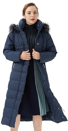Orolay Doudoune Longue pour Femme de Fourrure à Capuche et Manches Raglan Manteau Marine M