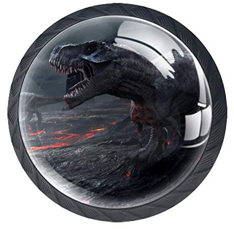 Schubladenknöpfe aus Glas mit Vulkan- und Dinosaurier-Motiv