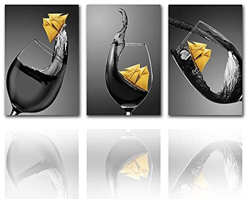 Tucocoo Large Pictures for Dining Room Black and White Wine Glass Paintings 3 Panel Goblet Canvas Wall Art Modern Artwork Home Decor for Kitchen Giclee Wooden Framed Ready to Hang(60x28 inches)