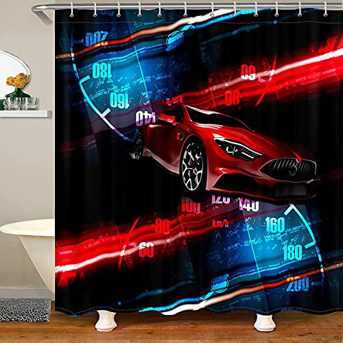 Homewish Sportwagen Duschvorhang 180x210 (BxL) Extrem Rennwagen Badvorhang Rennwagen Badevorhang Für Kinder Jungen Teens Badezimmer Dekor Rot Auto Vorhang Sets Mit 12 Haken Schwarz