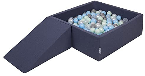 KiddyMoon Aire De Jeux en Mousse avec Carré Piscine À Balles (200 Balles) pour Enfants, Bleu Foncé:Perle/Gris/Transparent/Babyblue/Menthe