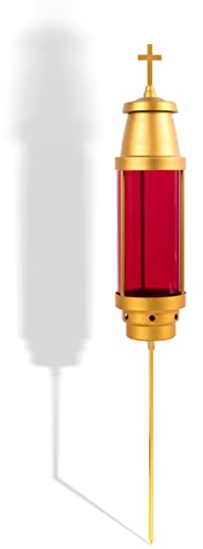 Cemetery Light Candle Holder, Grave Decorations Memorial Lantern with Crosses, Anodized Aluminum Eternal Light Dome Memorial Light Grave Lamp, Red(Includes Solar Candle)