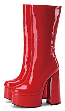 Frankie Hsu Stivaletti da donna in pelle verniciata di grandi dimensioni, con plateau, tacco a metà polpaccio, colore rosso, Rosso, 43 EU