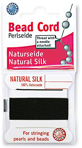 Griffin Silk Bead Cord Perlseide – Black Color – Size 5 (0.65mm) – 2 Meters per Card – Stainless Steel Needle Attached – for Knotting Pearls, Gemstones, Crystals and Beads
