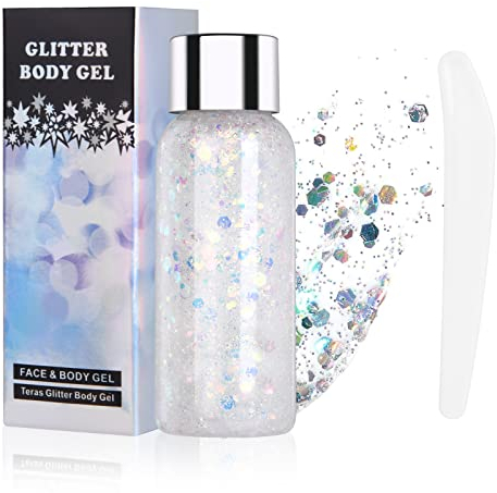 URAQT Body Glitter Gel, Chunky Glitter Gel, Chunky Body Lotion Glitzer Flüssiger Lidschatten, Meerjungfrau Pailletten Funkelnde für Gesicht Haare Lippen Nägel Make Up Kosmetik Festival (Weiß)