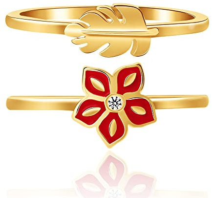 Disney Moana Damen-Ring-Set, stapelbar, Größe 7 – 18 Karat vergoldet, Sterling-Silber 925, Moana-Blumen-Ring, Blatt-Ringe, Sterlingsilber, Zirkonia, Sterling Silber, Zirkonia